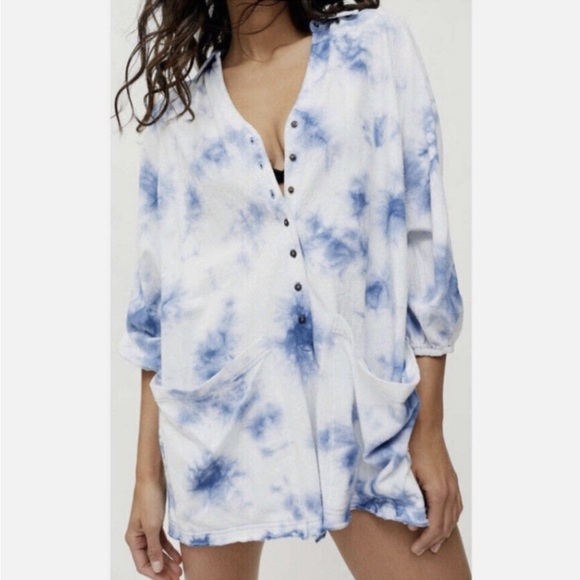 Urban outfitters tie-dye benni slouchy playsuit blue white pockets butto… - Picture 5 of 7